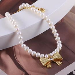 Link Bracelets European And American Jewellery Wholesale Sweet Freshwater Rice Grain Small Pearl Fashion Bow Elegant Gentle Bracelet