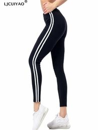 Bags Ljcuiyao Women Leggings Fiess Yoga Pants Sport Tights High Waist Black White Striped Gym Clothing Sportswear Workout Trousers