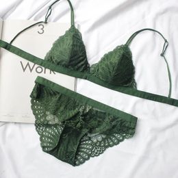 Sexy Bralette French Underwear Lace Triangle Cup Push Up Bra Set Ultrathin Women Brand Green Lingerie and S M L Panties 231222