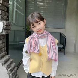 Scarves Wraps Children's Scarf Autumn Winter Vertical Stripes Color Ball Scarf Cotton And Linen Windproof Gauze Baby Girl Boy Long Scarf