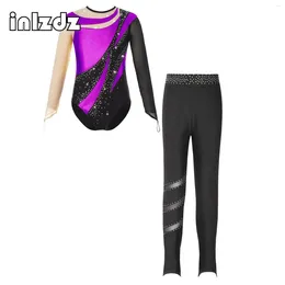 Stage Wear Kids Girls Gymnastics Jumpsuit Long Sleeve Rhinestones Ballet Gymnastic Leotards With Leggings Skating Competition Bodysuit