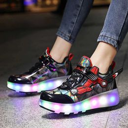 Athletic Outdoor YUNICUS Led Light Roller Skate Shoes for Children Kids Led Shoes Boys Girls Shoe USB Charging Black Two Wheels Luminous SneakersL231223