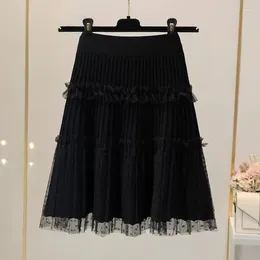Skirts Retro Mesh Splice Knitted Short For Women's Clothing Autumn Winter High Waist Pleated Jp554