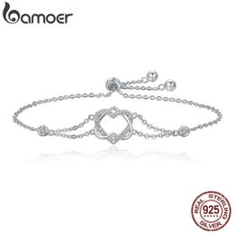 Bangle BAMOER Genuine 925 Sterling Silver Twisted Double Heart in Heart Chain Bracelets For Women Authentic Silver Jewellery Gift SCB022