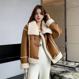 Women's Leather Autumn 2023 Winter Fur One Short Overcoat Korean Loose Composite Thicke Warm Lambswool Coat Outerwear
