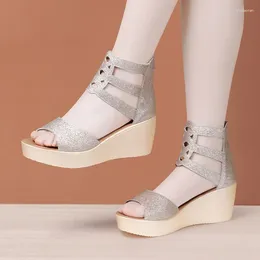 Dress Shoes Small Size 32-43 Comfortable Med Heels Genuine Leather Gladiator Sandals Summer 2023 Women's Platform Wedges Office Mom