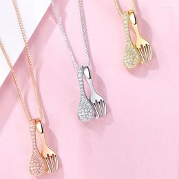 Pendant Necklaces Minar Creative Rhinestone Fork Spoon For Women Ladies Clavicle Chains Unique Stainless Steel Jewelry Gifts