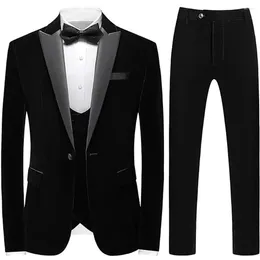 Men's Suits Men Velvet Tuxedo Dinner Jacket Vest Pants Single Breasted Suit 3 Pieces Slim Fit Peaked Lapel One Button
