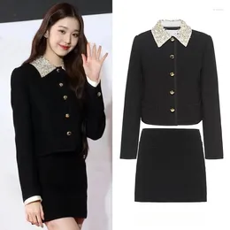 Work Dresses Kpop IVE Jang Won Young Black Small Incense Wind Suit Women's Autumn Short Cardigan Jacket High Waist A-line Skirt Two Piece
