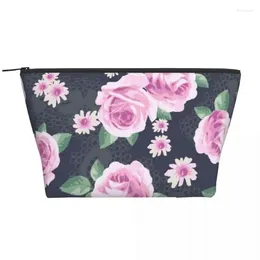 Cosmetic Bags Pink Rose Flower Pattern Trapezoidal Portable Makeup Daily Storage Bag Case For Travel Toiletry Jewellery