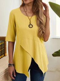 Women's Blouses Elegant Solid Colour Irregular Cotton Linen Pullover Tops O Neck Slim Fit Half Sleeves T-Shirt Female Summer Casual Tees