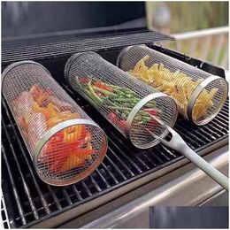 Others8 Stainless Steel Barbecue Cooking Grill Grate Outdoor Cam Bbq Drum Grilling Basket Campfire Grid Picnic Cookware For Kitchen Dhn8M