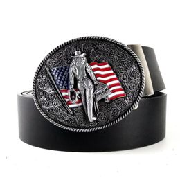 Belts Vintage Mens High Quality Black Faux Leather Belt With American Flag Western Country Cowboy Clip Metal Buckle For Men Jeans270Q