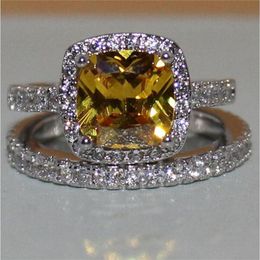 Fashion 3ct Princess-cut yellow Topaz gemstone Rings set 2-in-1 Diamond Jewellery 925 Sterling Silver Engagement Wedding Band Ring F160W