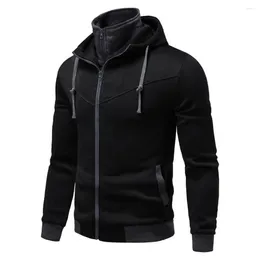 Men's Hoodies Men Zipper Placket Jacket Stand Collar Hooded Sweatshirt Coat With Drawstring Long Sleeve Contrast Colour For Autumn