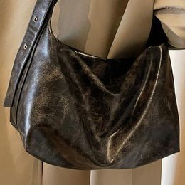 Evening Bags Women's Retro Black Shoulder Bag Unique Oil Wax Leather Ladies Vintage Lacquer Hobo Handbag Roomy Commuter Crossbody