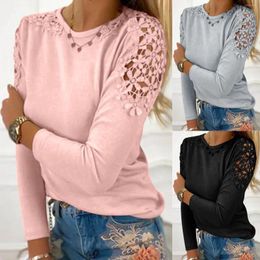 Women's Blouses Elegant Tops Fashion Solid Lace Splice Long Sleeve Round Neck Tunic Shirt Blouse Pullover Women Summer Top Swim Tee