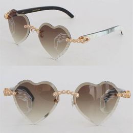 Luxury Moissanite Diamond Set Rimless Sunglasses for Women Original White Inside Black Buffalo Horn Men glasses Carved Angled Tnia259y