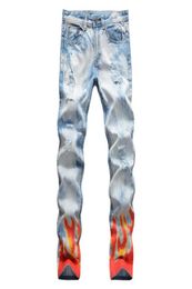 Men039s Jeans Flame Print Snow Washed Light Blue Denim Pants Slim Straight Trousers White7269099