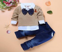 Kids Clothing Sets for Boys Gentleman Bow Tie Fake Two Piece Shirt Handsome Jeans 2pcs High Quality Boys Boutique Clothes Childre9364985