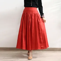 Skirts TIYIHAILEY 2023 Long Maxi Elastic High Waist Women Skirt With Pockets Summer Casual Orange A-line Linen Cotton