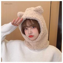 Fashion Face Masks Neck Gaiter Cute Bear Ears Beanies Women Winter Head Hood Scarf Hat Cap Thicken Cosy Warm Bonnet Female Lamb Balaclava Riding Bobble HatL231223