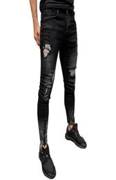 Mens Black Fashion Skinny Jeans Stretch Denim Pants Streetwear Distressed Ripped Freyed Slim Fit Jeans Trousers9856293