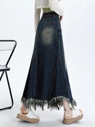 Skirts Vintage Slim Long Denim Skirt Women High Waist Blue A-Line Tassels Fall 2023 Wash Bleached Streetwear