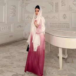 Ethnic Clothing Two Piece Gradient Abaya Set With Inner Dress Muslim Fashion Dubai Kaftan Hijab Robe Feather Kimono Abayas For Women Ramadan