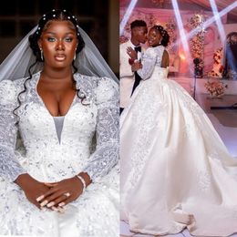 Plus Size Aso Ebi Wedding Dresses Long Sleeves Princess Queen Appliqued Lace Bridal Dress for African Black Women Bride Gorgeous Tiered Satin Bridal Gowns CDW167