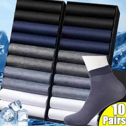 Men's Socks 10Pairs Ice Silk Breathable Long Stocking Sports Bamboo Fibre Sox Summer Thin Stripe Absorption Business Ankle Sock