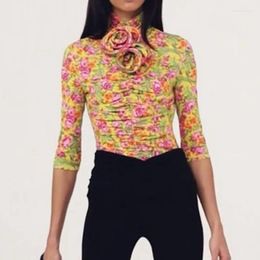 Women's Blouses Fashion Printed Pleated Women Runway Elegant Long Sleeve Stand Collar Three-dimensional Flower Top Early Spring 24