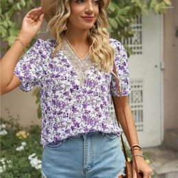 Women's Blouses Summer Casual Lace Patchwork V-neck Chiffon Printed Loose Short Sleeved Top Fashion Floral Shirt