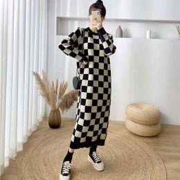 Casual Dresses Female Knitted Plaid Print Women Fashion O-Neck Long Sleeve Slim Maxi Dress Bodycon Ankle-length Vestidos G815