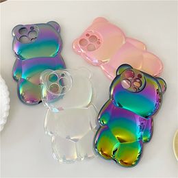 Korea Bear Aurora Laser Clear Phone Case For iPhone 15 14 13 12 11 Pro Max Plus Luxury Cartoon Bear Clear Soft Silicone Cover 20pcs