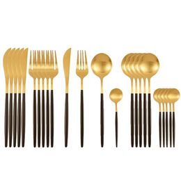 24Pcs Matte Stainless Steel Cutlery Set Dinnerware Set Black Gold LNIFE Fork Spoon Silverware Kitchen Party Dinner Tableware Set Y271h