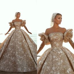 Shine 3D-Lace A-Line Wedding Dress With Flower Pearls Bateau Neck Puff sleeve Ball Gown Plus Size Brush Train Bridal Gowns Dress Customized D-H23818