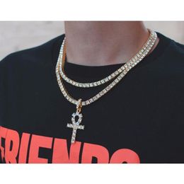 Hip Hop Iced Out Ankh Cross Pendant Necklace 4mm Tennis Chain Micro Pave Cz Stones G wmtsTW whole2019264y