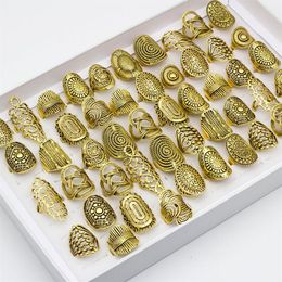 20 Pcs Lot Vintage Carved Flower Band Ring Mix Styles Ancient Gold Color Hollows Whole Jewelry Party Gifts203u