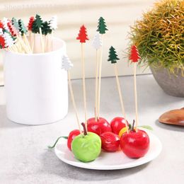 Forks 100Pcs Christmas Wooden Toothpick Colorful Cocktail Skewer Picks Fruit Snack Bamboo Fork For Party Home Supplies