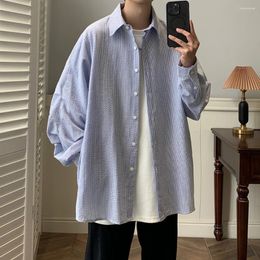 Men's Casual Shirts Harajuku Long Sleeved Shirt Men Fashion Stripe Korean Chic Coat Slim Fitting Single Breasted Blouse Male Streetwear