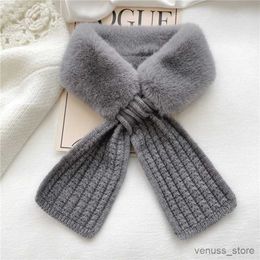 Scarves Wraps Korean Solid Color Faux Rabbit Fur Collar Cross Plush Scarf Woman's Winter Outdoor Wool Knit Thicken Neck Protect Warm Shl T2