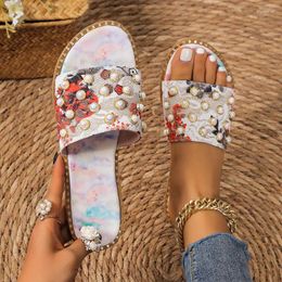 Slippers Fashion Women's Shoes Printed Flat Bottom Round Head Pearl Colour Sandal Holiday Beach