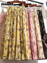 Dresses Seoulish Vintage Floral Printed Tulle Pleated Milong Women Skirts 2022 High Waist Female Chiffon Umbrella Skirts Spring Summer