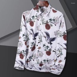 Men's Casual Shirts Fashion Mens Chinese Style Print Smart Shirt Long Sleeve Turn-Down Slim Fit Social Work Men