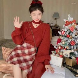 Work Dresses Christmas Hollow Out Sweater Hip Wrap Plaid Skirt Two-piece Set Women French Round Neck Cross Elastic Soft Slim Winter Lady