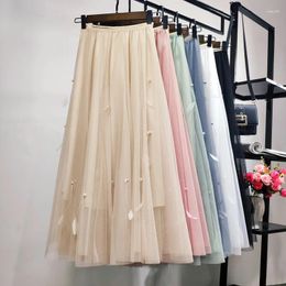 Skirts Tulle Womens Midi Pleated Skirt Beading Women 2023 Spring Summer Korean Elastic High Waist Mesh Tutu