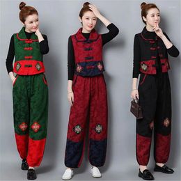 Women's Two Piece Pants 2023 Retro Embroidered Cotton Linen Set Women Buckle Vest Cardigan Coat Tang Suit Lantern Female 5XLC1436