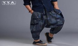 Hot Sale Mens Samurai Boho Casual Loose Harem Baggy Hakama Linen Japanese Pants Floral Printed Elastic Waist -pants For Men1549584