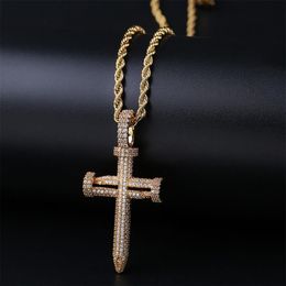 Iced Out Micro Paved CZ Nail Cross Pendant Necklace Men Hip Hop Gold Silver Colour Charm Chains Jewellery Gift318S